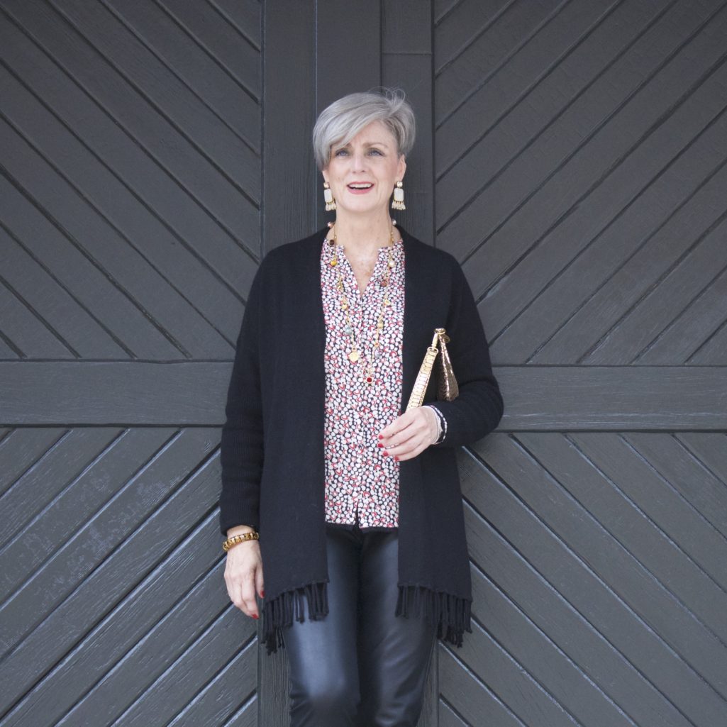 faux leather leggings, silk blouse and fring cardigan by style at a certain age