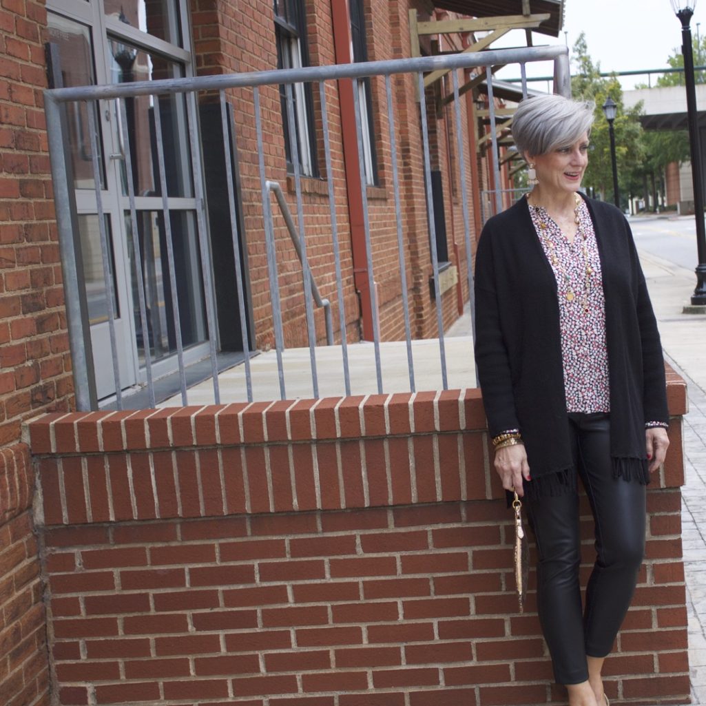faux leather leggings, silk blouse and fring cardigan by style at a certain age