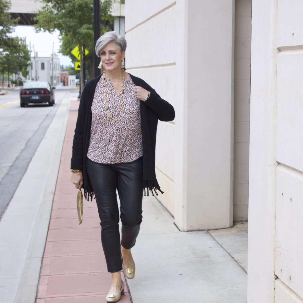 faux leather leggings, silk blouse and fring cardigan by style at a certain age