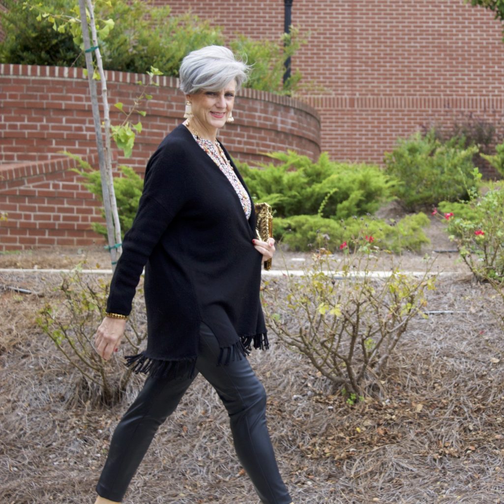 faux leather leggings, silk blouse and fring cardigan by style at a certain age