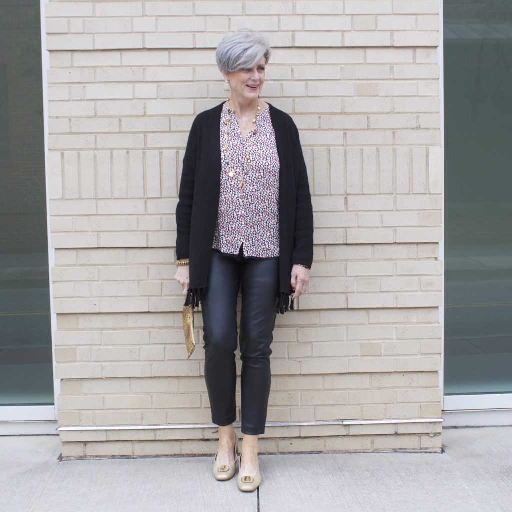 faux leather leggings, silk blouse and fring cardigan by style at a certain age