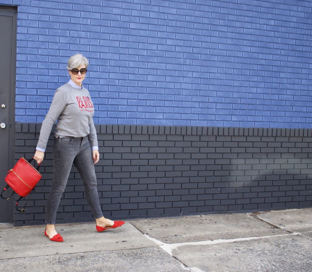how to wear gray skinny jeans by old navy and a grey sweater from Talbots Parisian collection