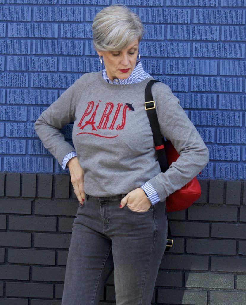 how to wear gray skinny jeans by old navy and a grey sweater from Talbots Parisian collection