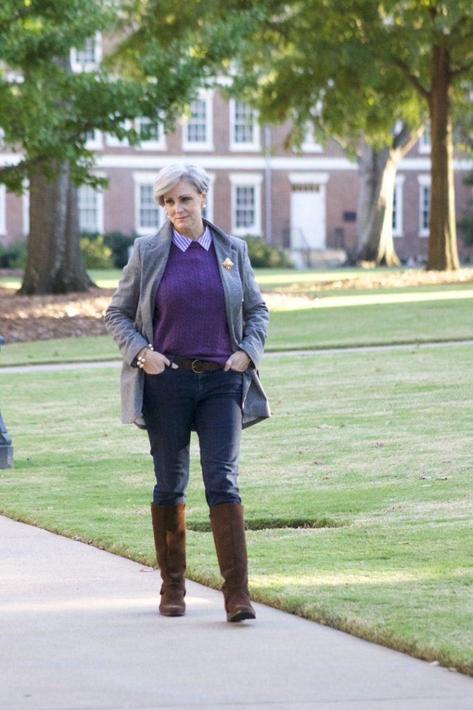 a new day blazer, cable sweater, suede boots and skinny jeans