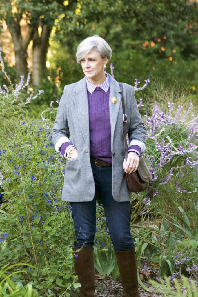 a new day blazer, cable sweater, suede boots and skinny jeans