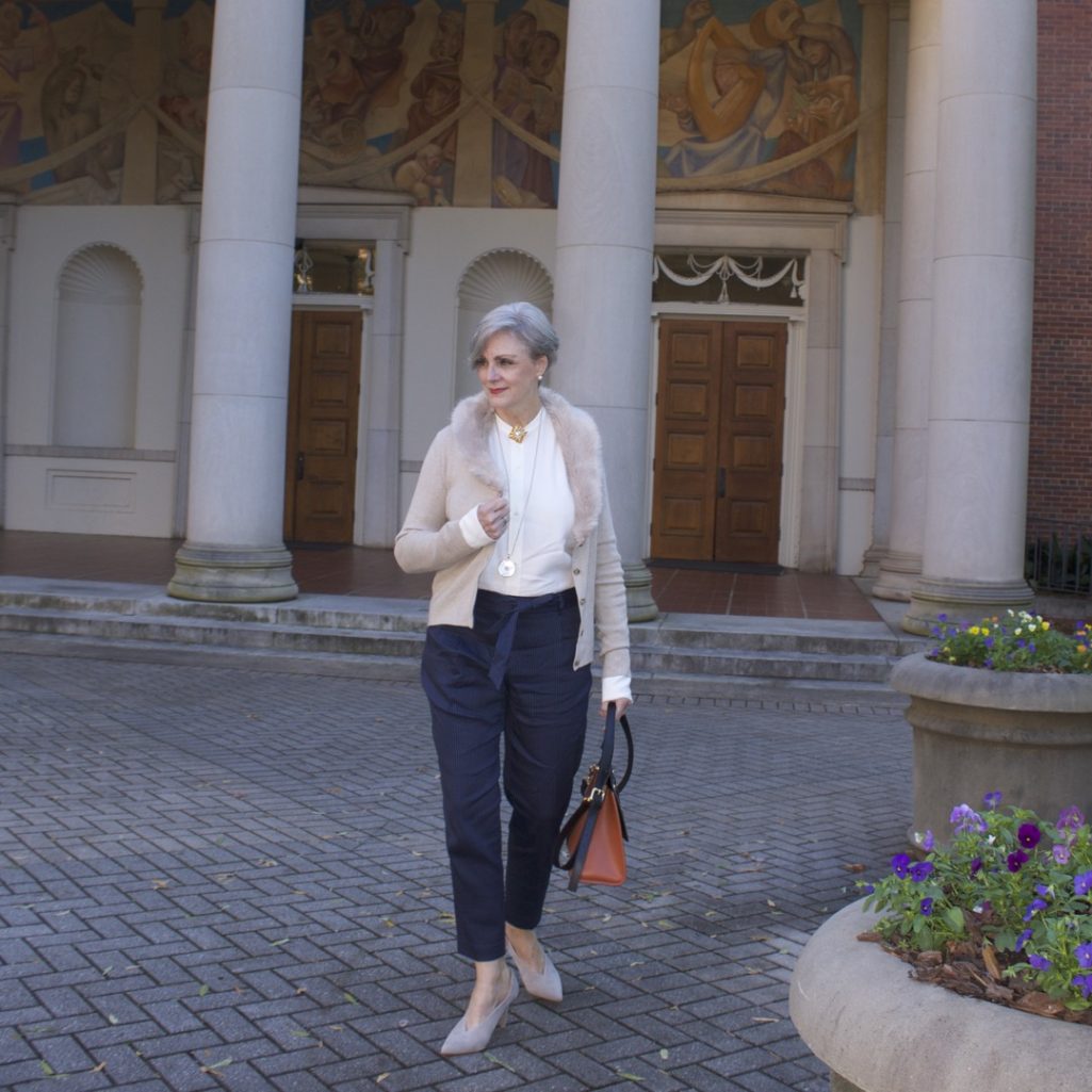 alexander wang shirt, classique pinstripe pants, banana republic faux fur cardigan, vince camuto suede pumps, chanel brooch