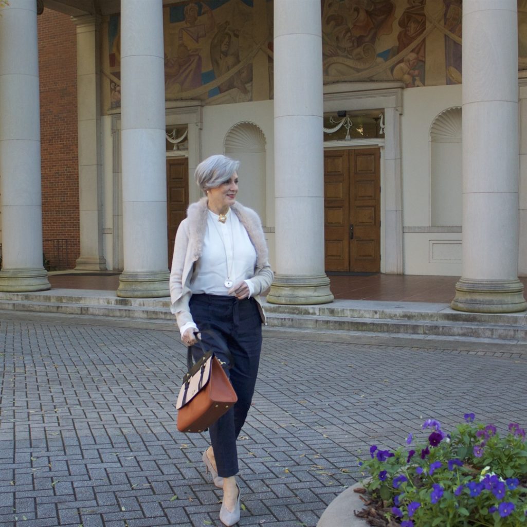 alexander wang shirt, classique pinstripe pants, banana republic faux fur cardigan, vince camuto suede pumps, chanel brooch