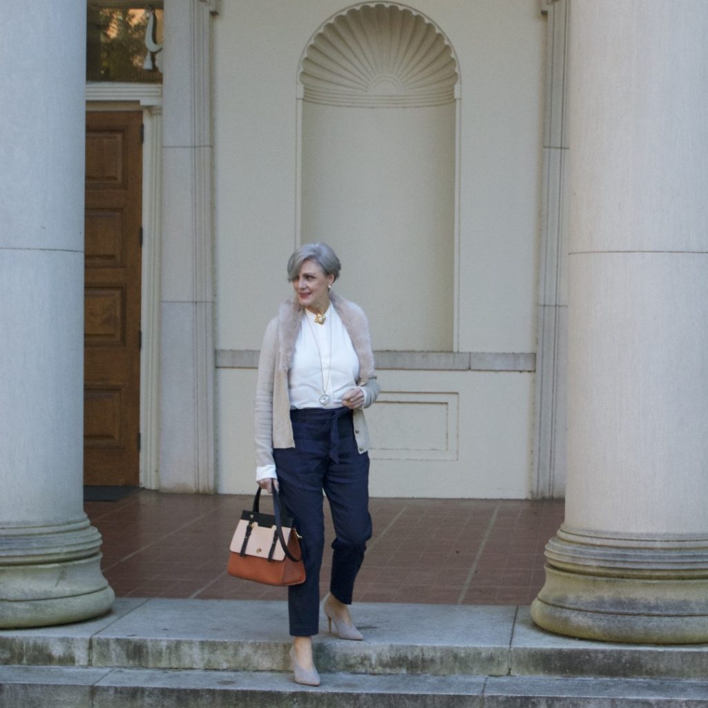 alexander wang shirt, classique pinstripe pants, banana republic faux fur cardigan, vince camuto suede pumps, chanel brooch