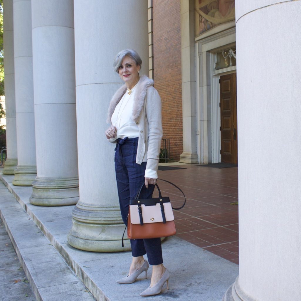 alexander wang shirt, classique pinstripe pants, banana republic faux fur cardigan, vince camuto suede pumps, chanel brooch
