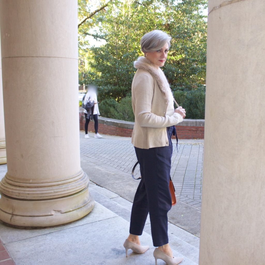 alexander wang shirt, classique pinstripe pants, banana republic faux fur cardigan, vince camuto suede pumps, chanel brooch