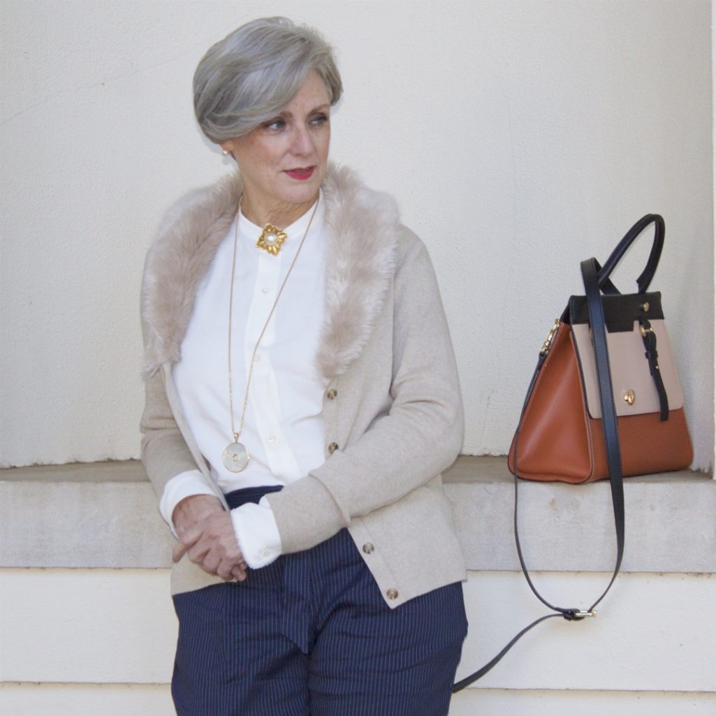 alexander wang shirt, classique pinstripe pants, banana republic faux fur cardigan, vince camuto suede pumps, chanel brooch