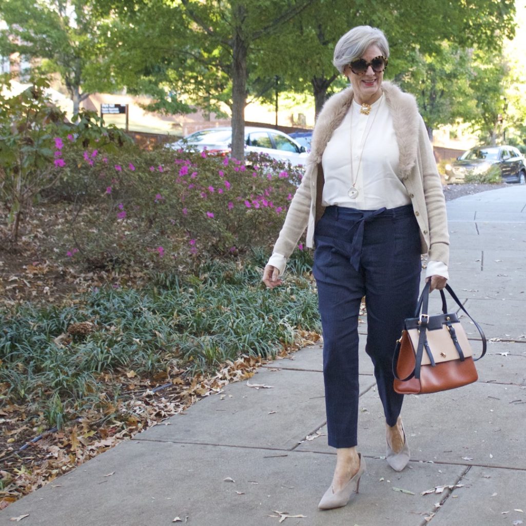 alexander wang shirt, classique pinstripe pants, banana republic faux fur cardigan, vince camuto suede pumps, chanel brooch