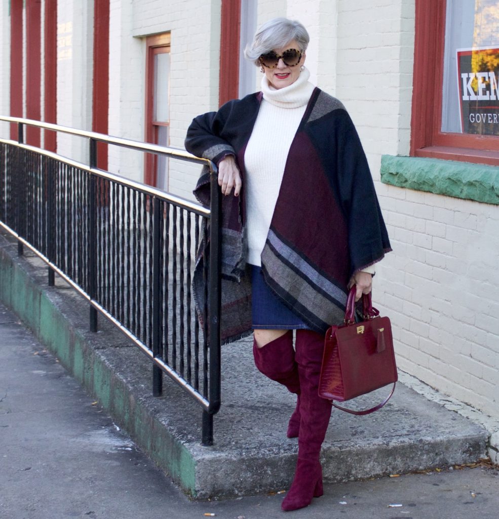 suede over the knee boots, denim skirt, chunky sweater