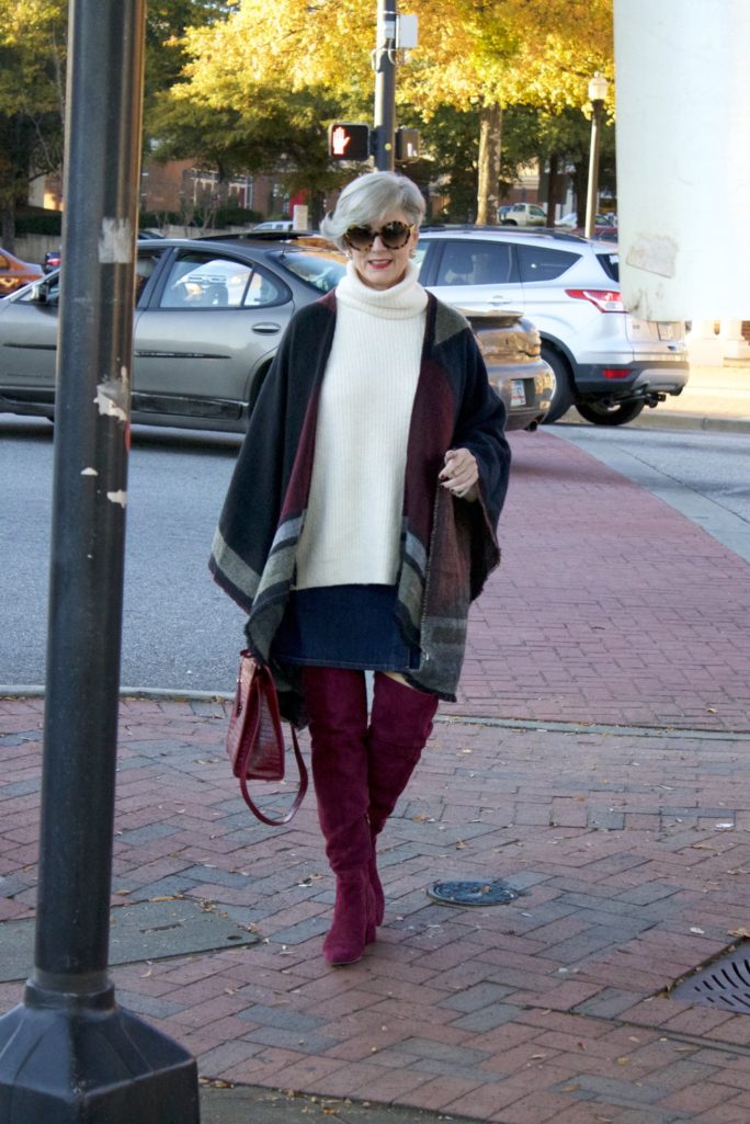 suede over the knee boots, denim skirt, chunky sweater