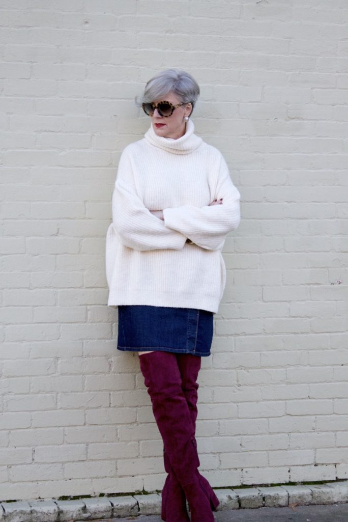 suede over the knee boots, denim skirt, chunky sweater