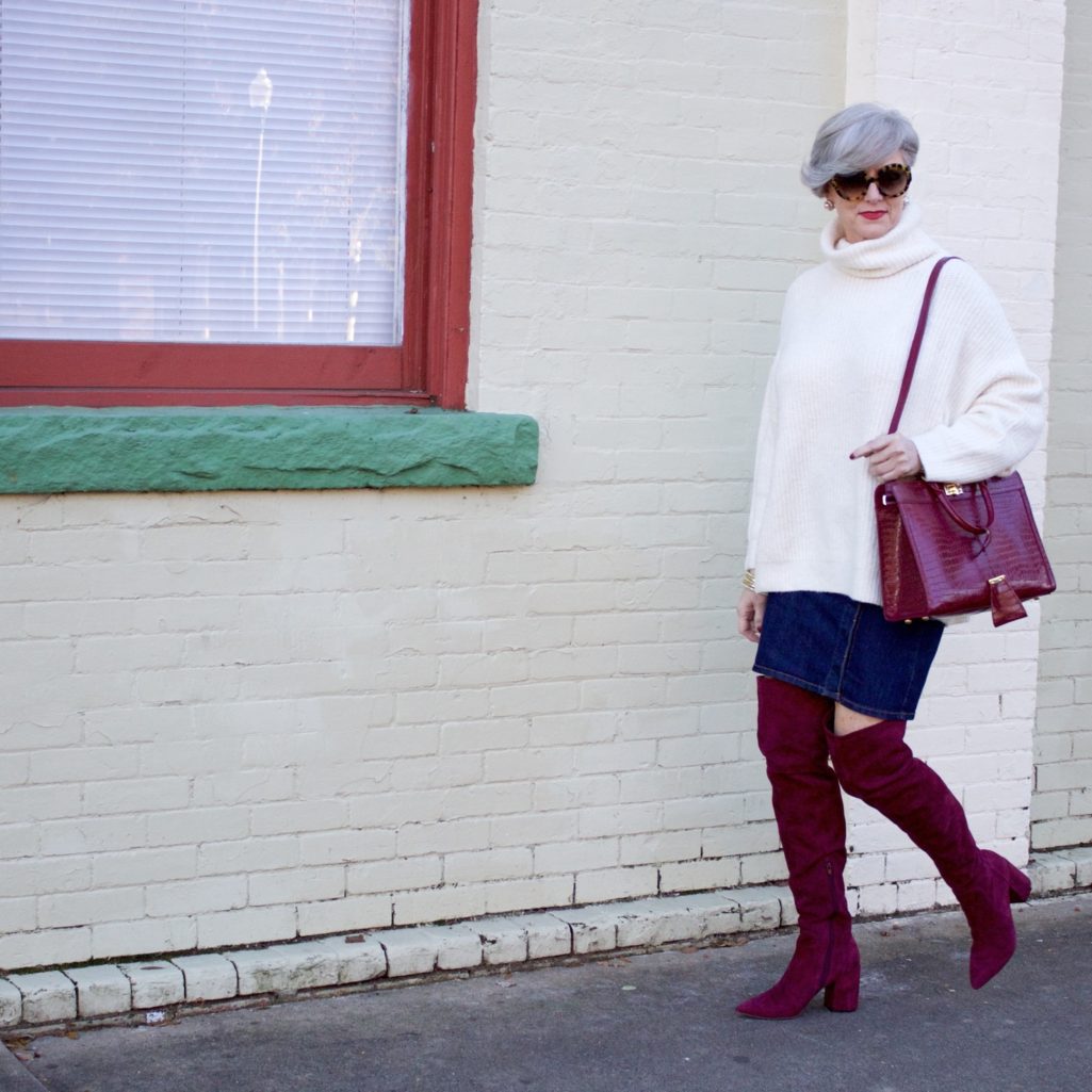 suede over the knee boots, denim skirt, chunky sweater