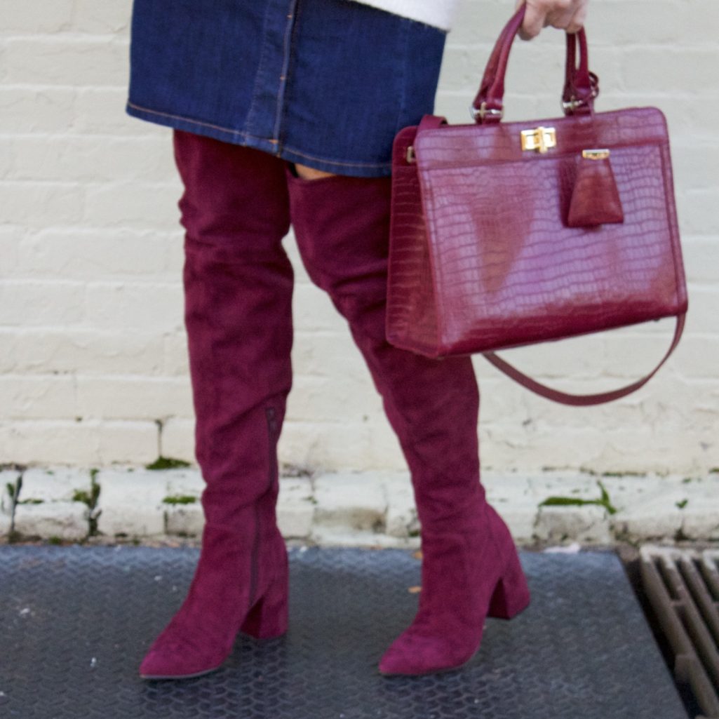 suede over the knee boots, denim skirt, chunky sweater