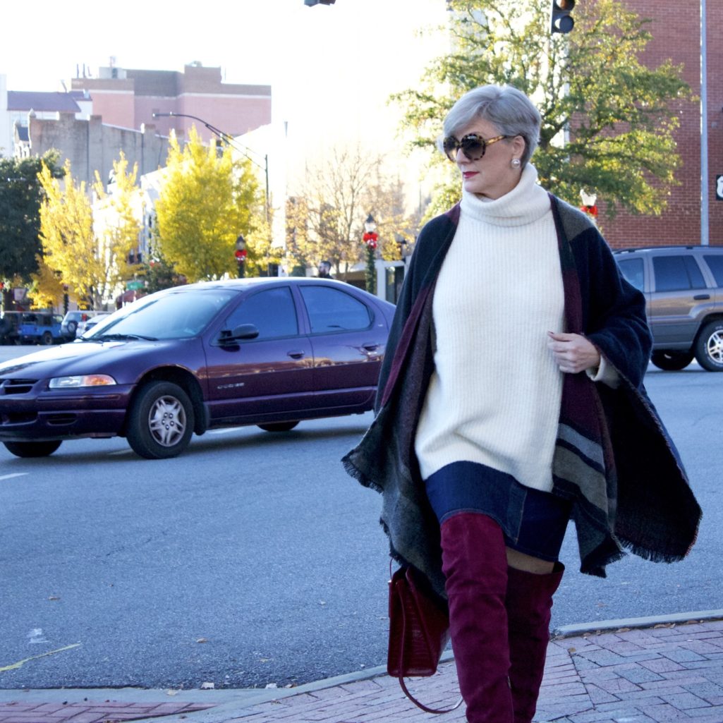 suede over the knee boots, denim skirt, chunky sweater