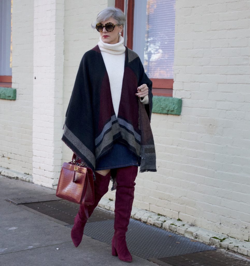 suede over the knee boots, denim skirt, chunky sweater