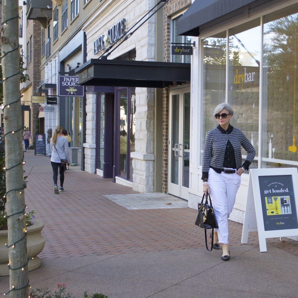 talbots gingham raincoat, j.crew gingham cardigan, white denim boyfriend jeans