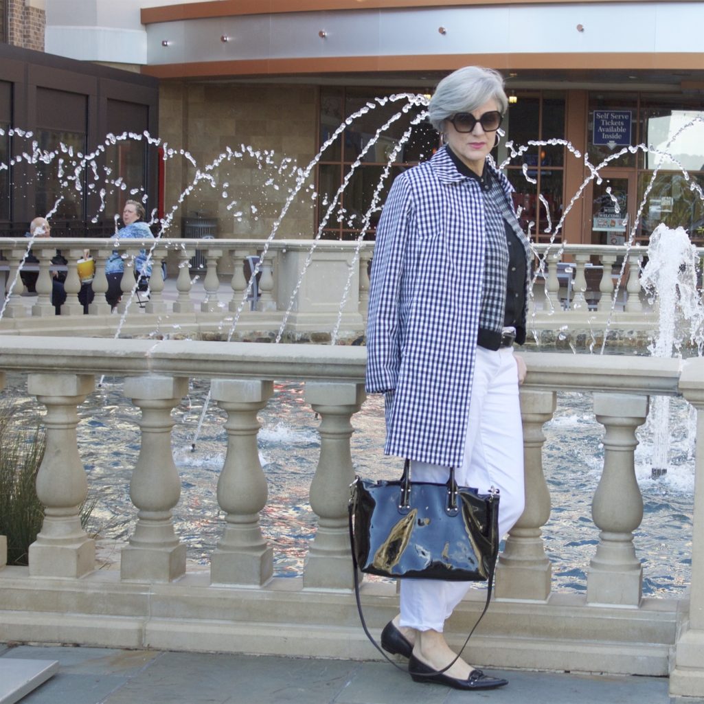 talbots gingham raincoat, j.crew gingham cardigan, white denim boyfriend jeans