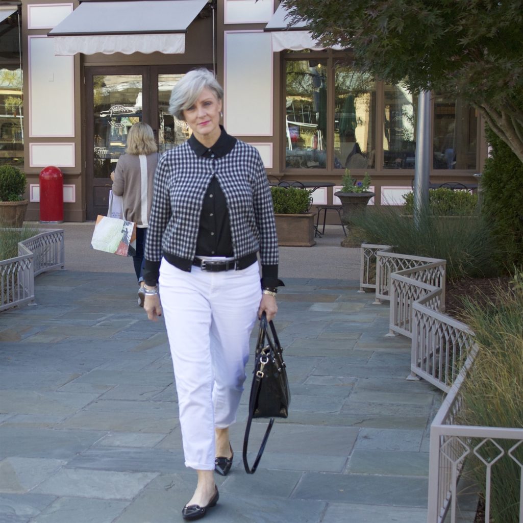 talbots gingham raincoat, j.crew gingham cardigan, white denim boyfriend jeans