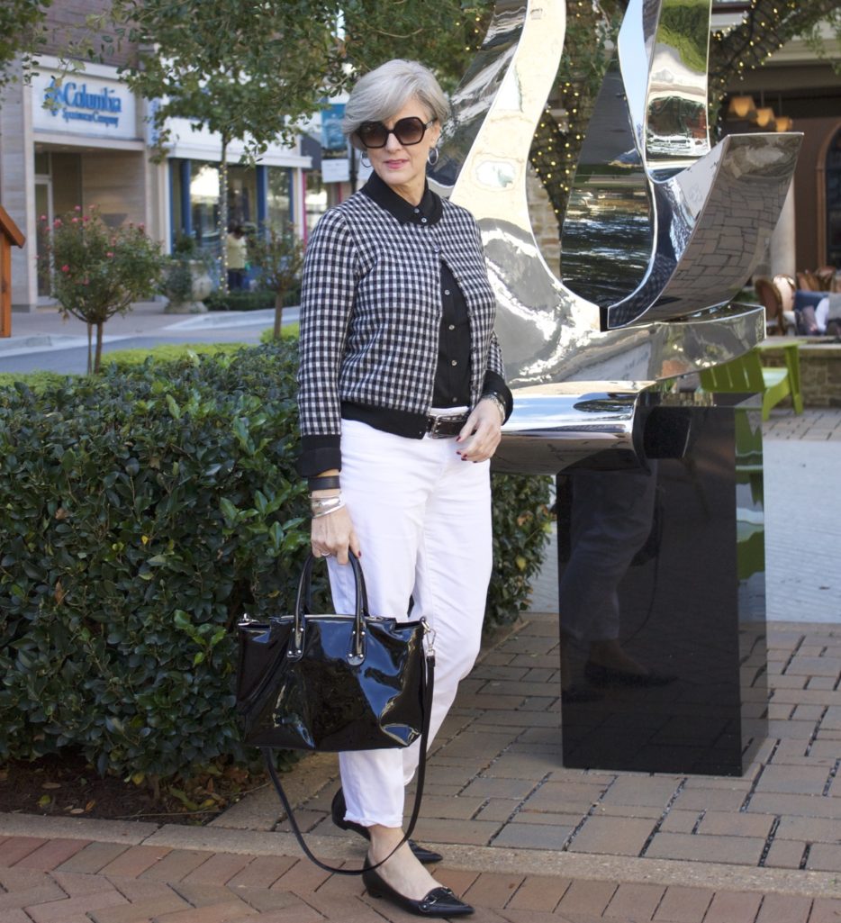 talbots gingham raincoat, j.crew gingham cardigan, white denim boyfriend jeans