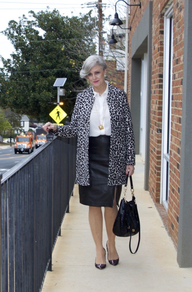 leopard topper, talbots leather skirt, michael kors hobo handbag
