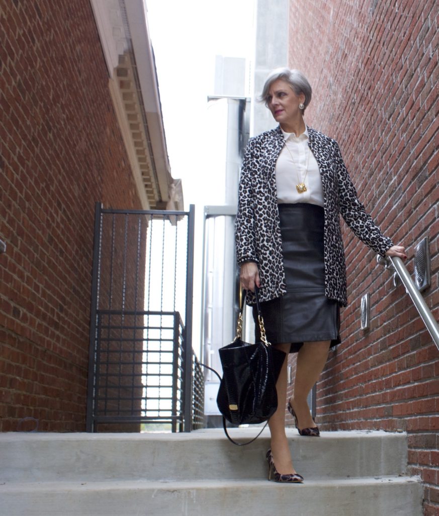 leopard topper, talbots leather skirt, michael kors hobo handbag