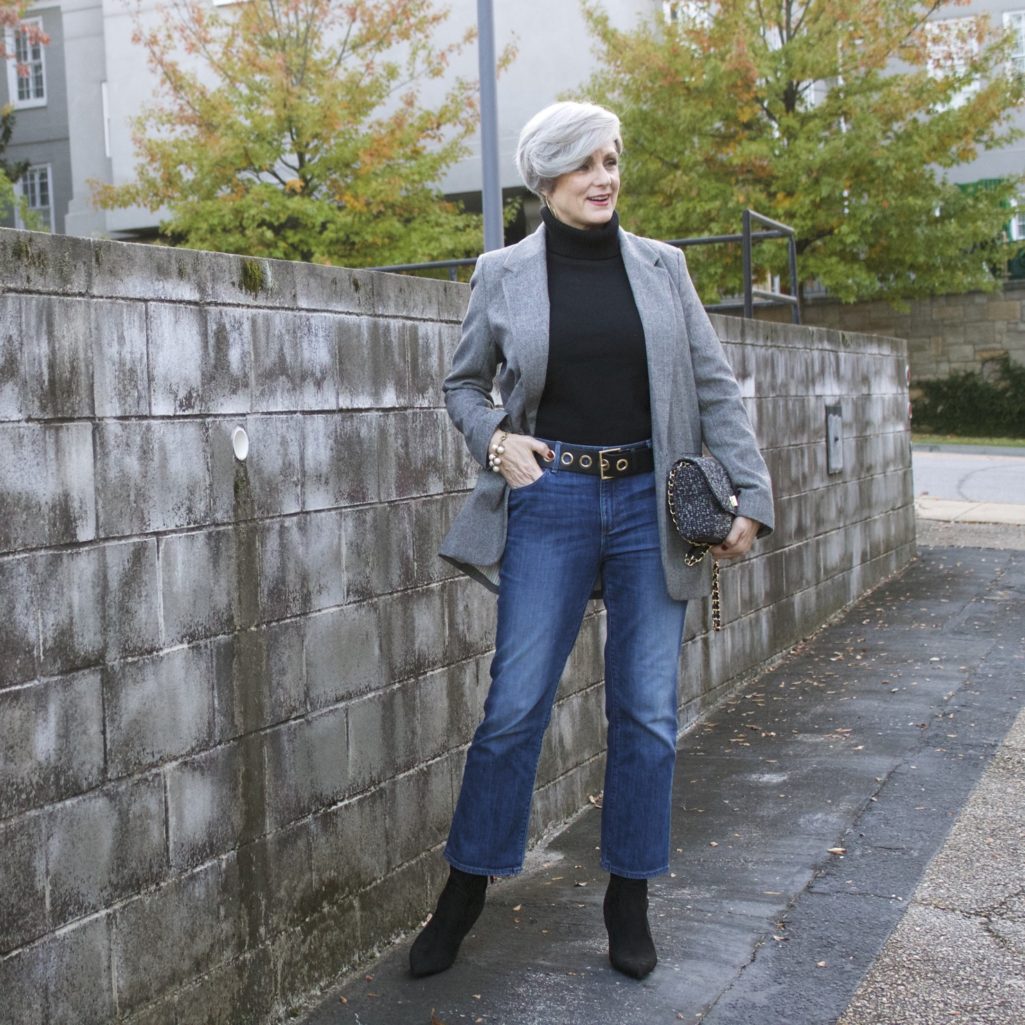 target boyfriend blazer, talbots turtleneck, ann taylor cropped flare denim, nine west sock booties