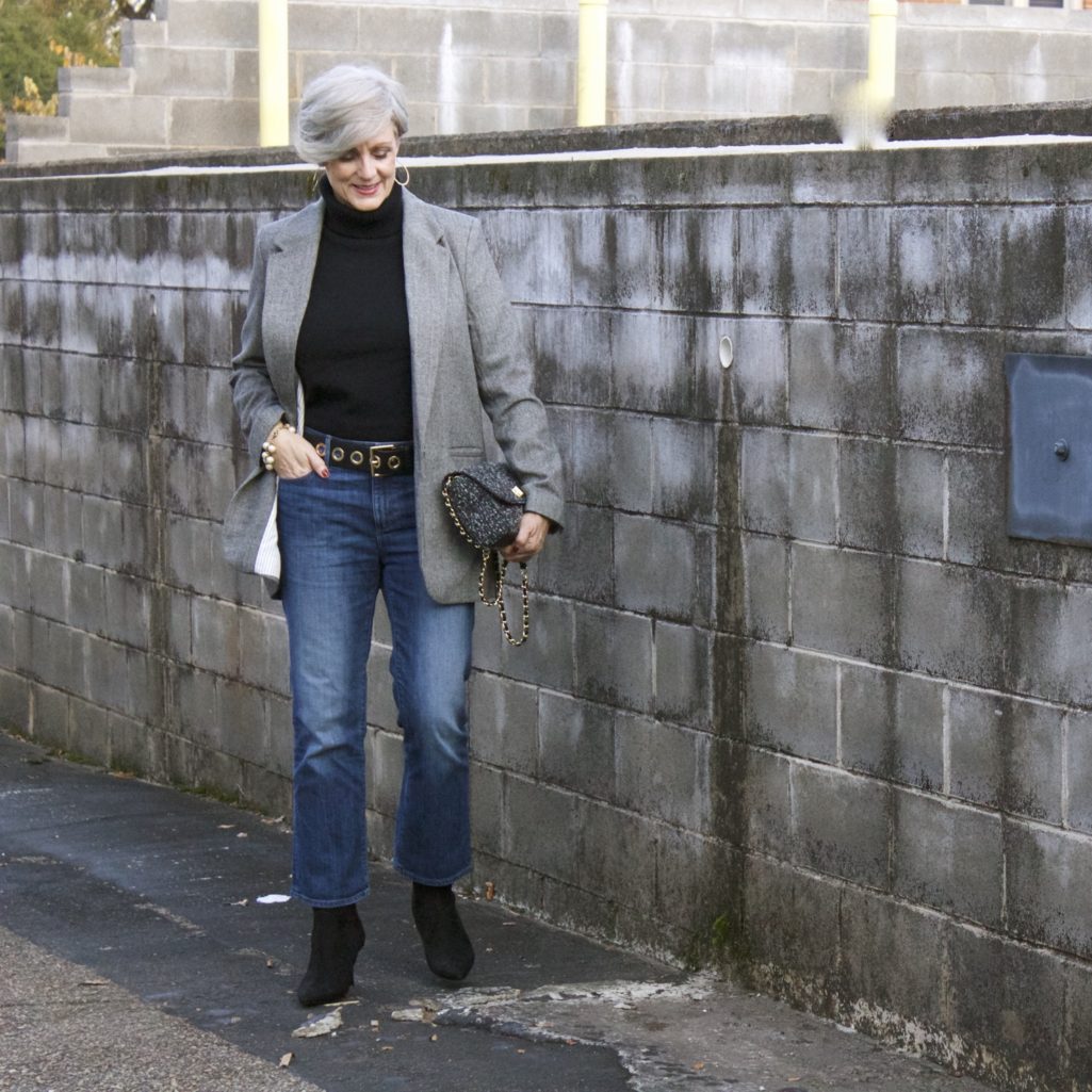 target boyfriend blazer, talbots turtleneck, ann taylor cropped flare denim, nine west sock booties