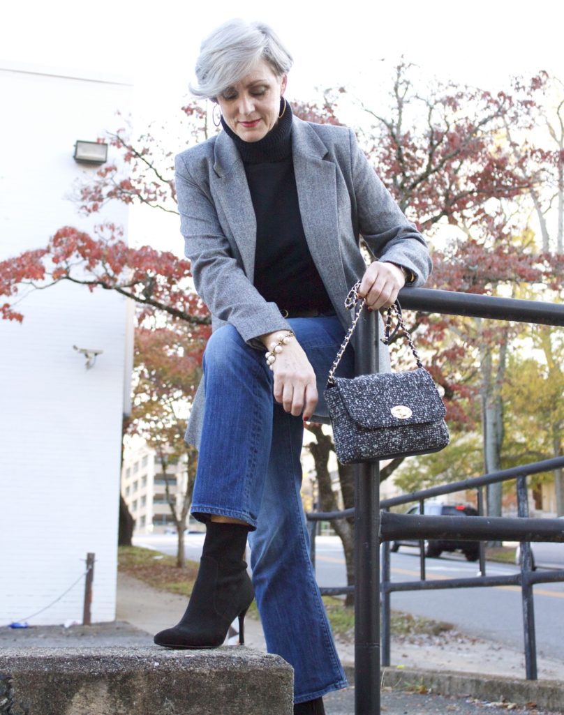 target boyfriend blazer, talbots turtleneck, ann taylor cropped flare denim, nine west sock booties