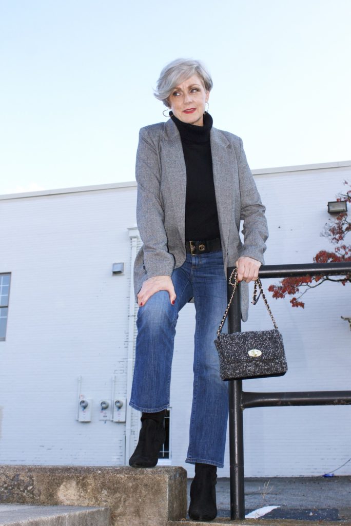 target boyfriend blazer, talbots turtleneck, ann taylor cropped flare denim, nine west sock booties