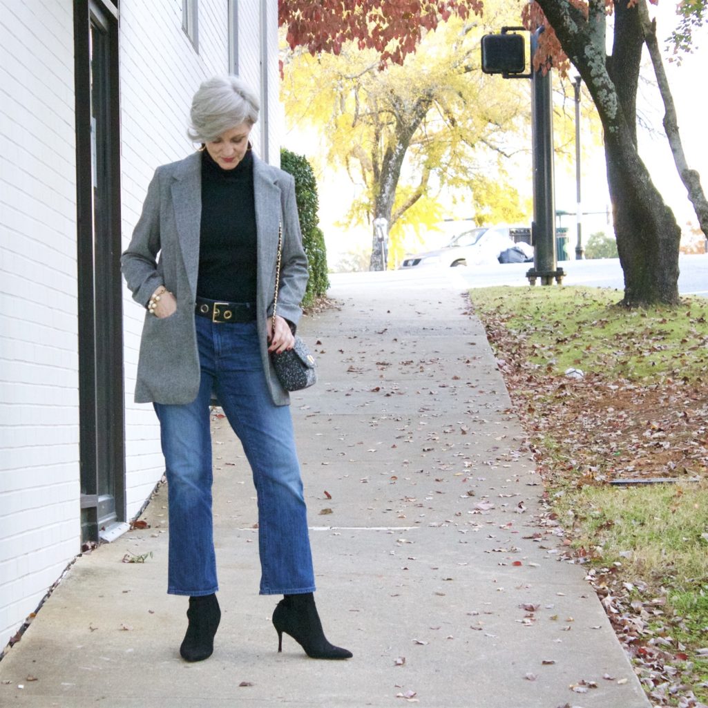 target boyfriend blazer, talbots turtleneck, ann taylor cropped flare denim, nine west sock booties