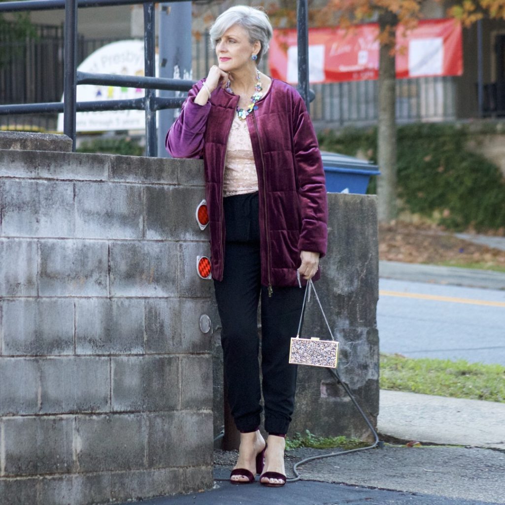 velvet jacket, silk joggers, holiday attire
