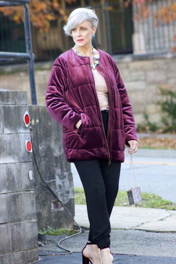 velvet jacket, silk joggers, holiday attire