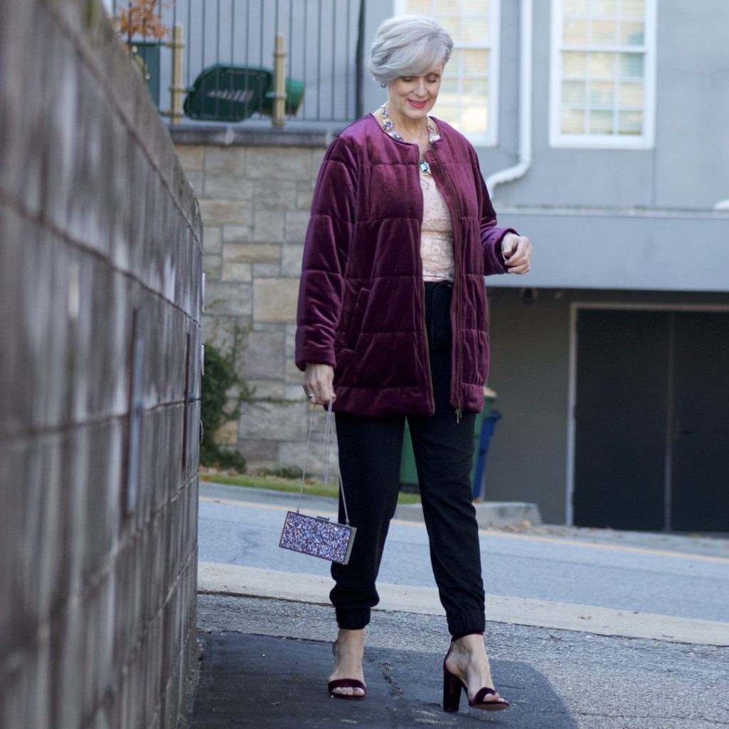 velvet jacket, silk joggers, holiday attire