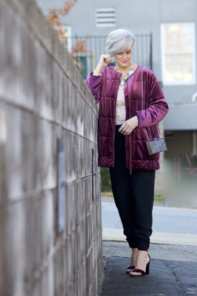 velvet jacket, silk joggers, holiday attire