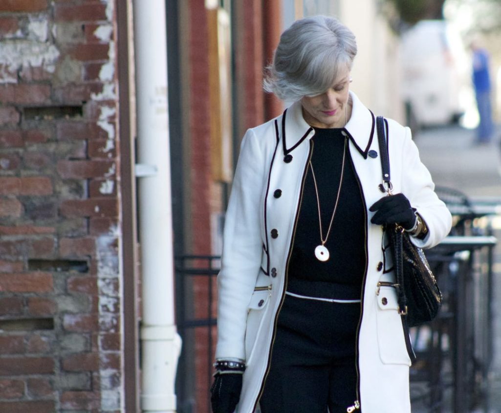 INC. coat, vince camuto black cropped pants, cashmere crewneck, sock booties
