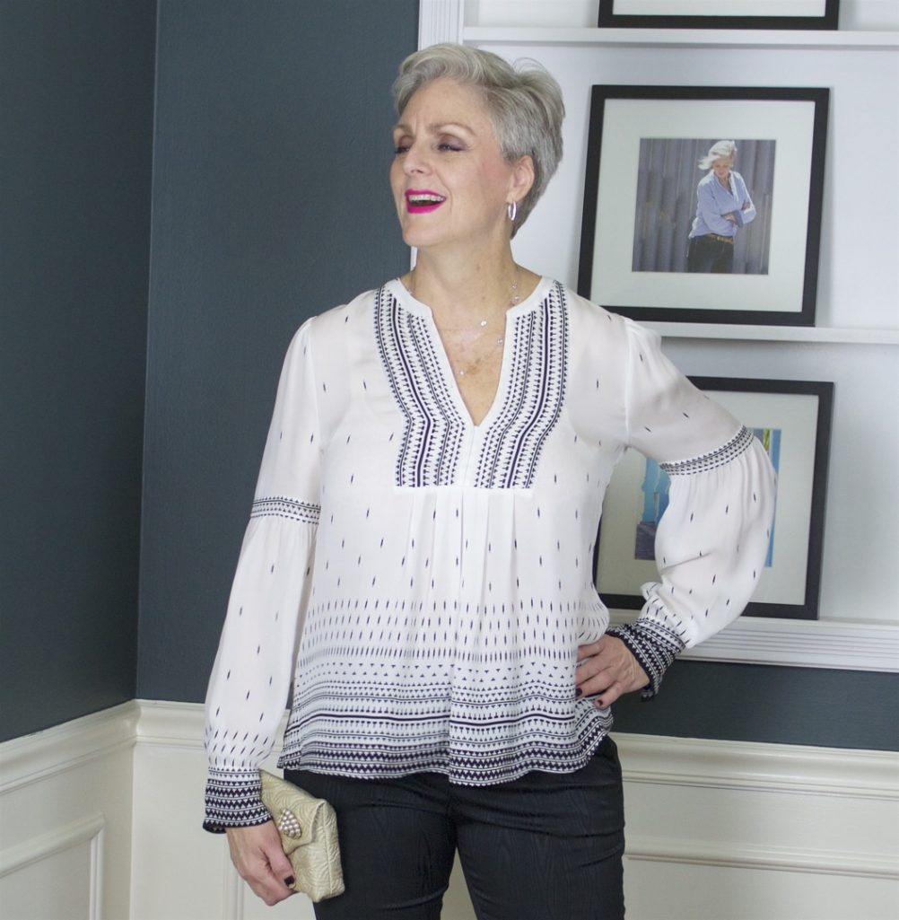 joie silk peasant blouse, dvf cigaratte pants, nude pumps