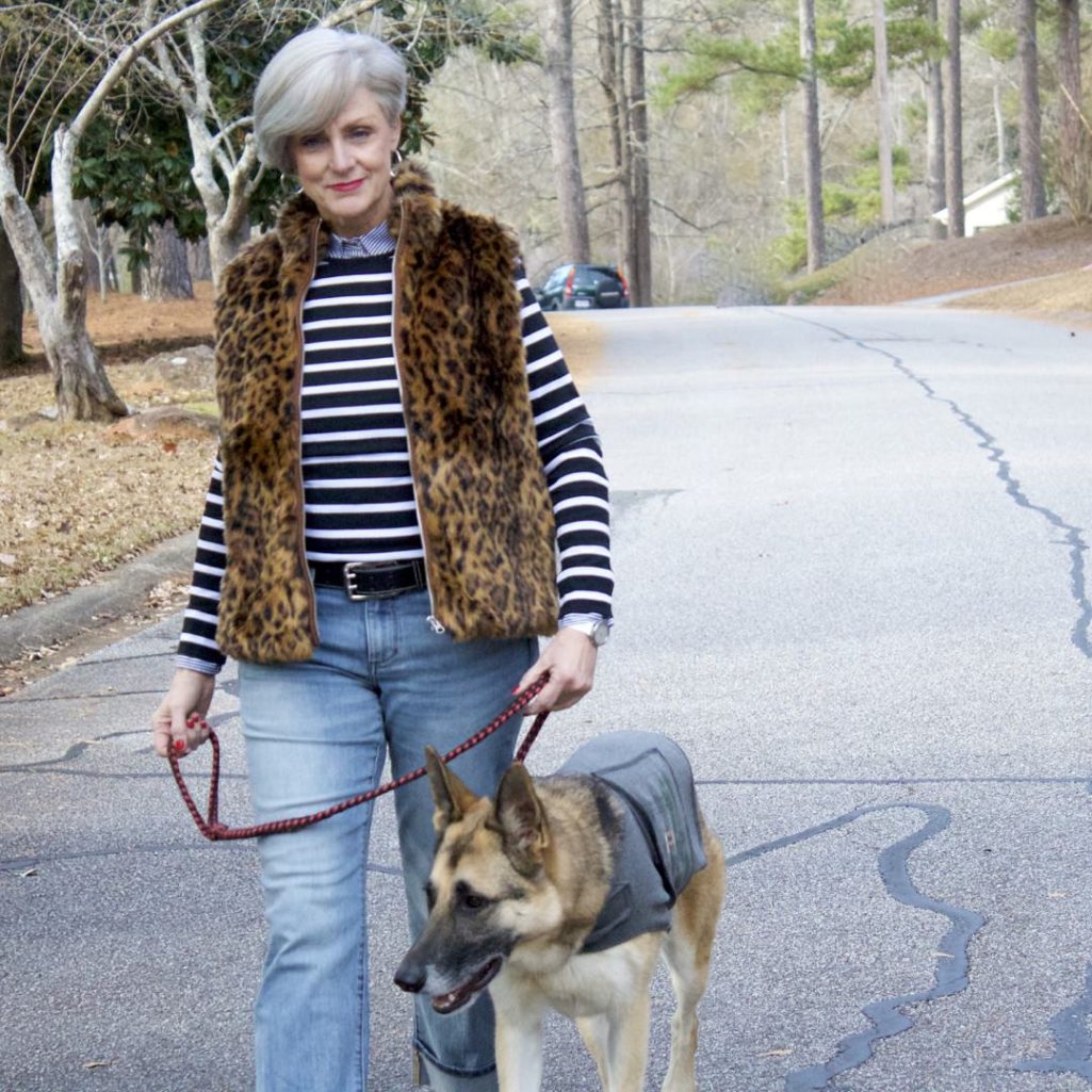 ralph lauren striped tee, j.crew striped shirt, banana republic denim, adidas sneakers, j.crew leopard vest