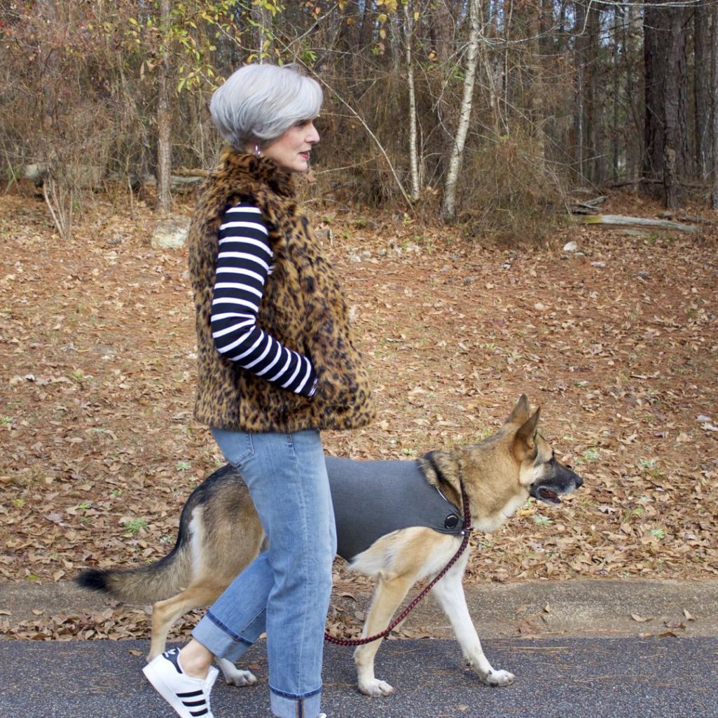 ralph lauren striped tee, j.crew striped shirt, banana republic denim, adidas sneakers, j.crew leopard vest
