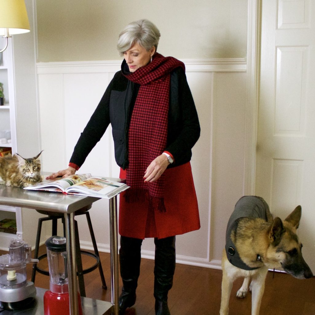 talbots red skirt, talbots cashmere crewneck, ralph lauren puffer vest, over the knee boots