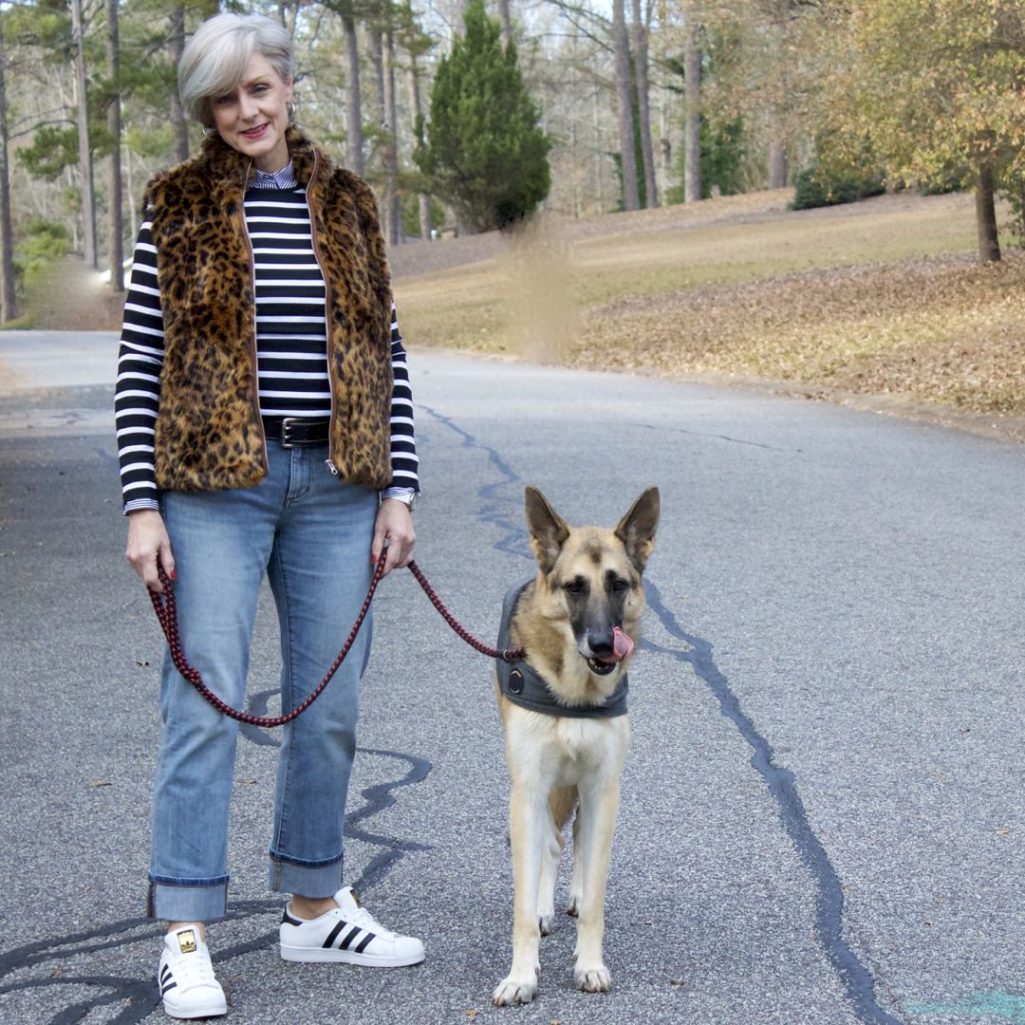 ralph lauren striped tee, j.crew striped shirt, banana republic denim, adidas sneakers, j.crew leopard vest