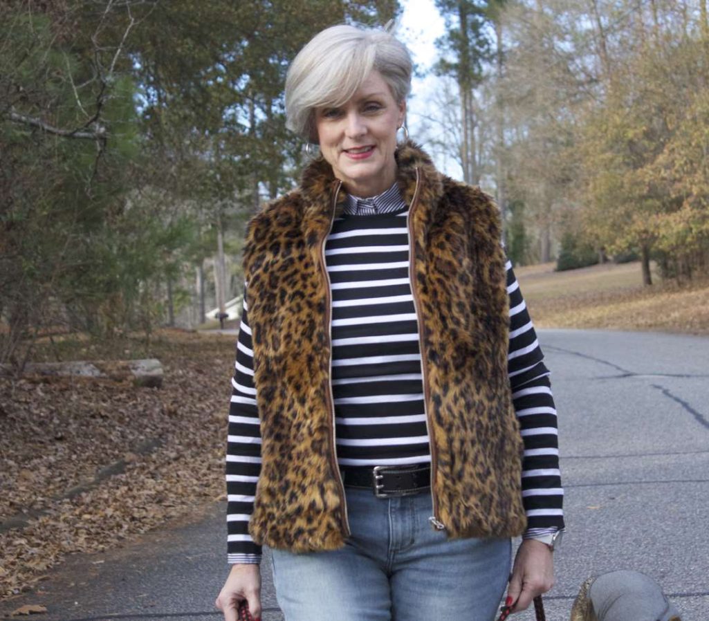 ralph lauren striped tee, j.crew striped shirt, banana republic denim, adidas sneakers, j.crew leopard vest
