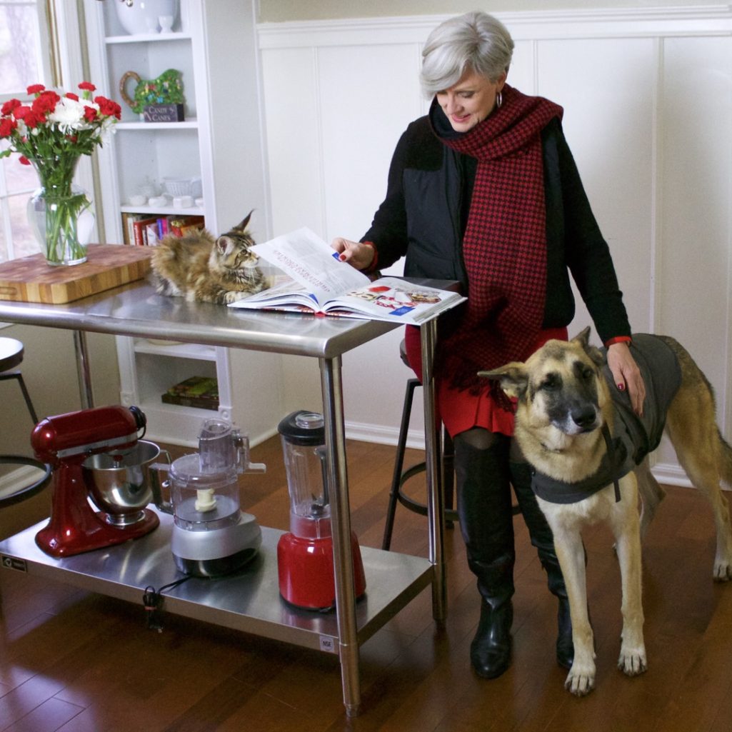 talbots red skirt, talbots cashmere crewneck, ralph lauren puffer vest, over the knee boots