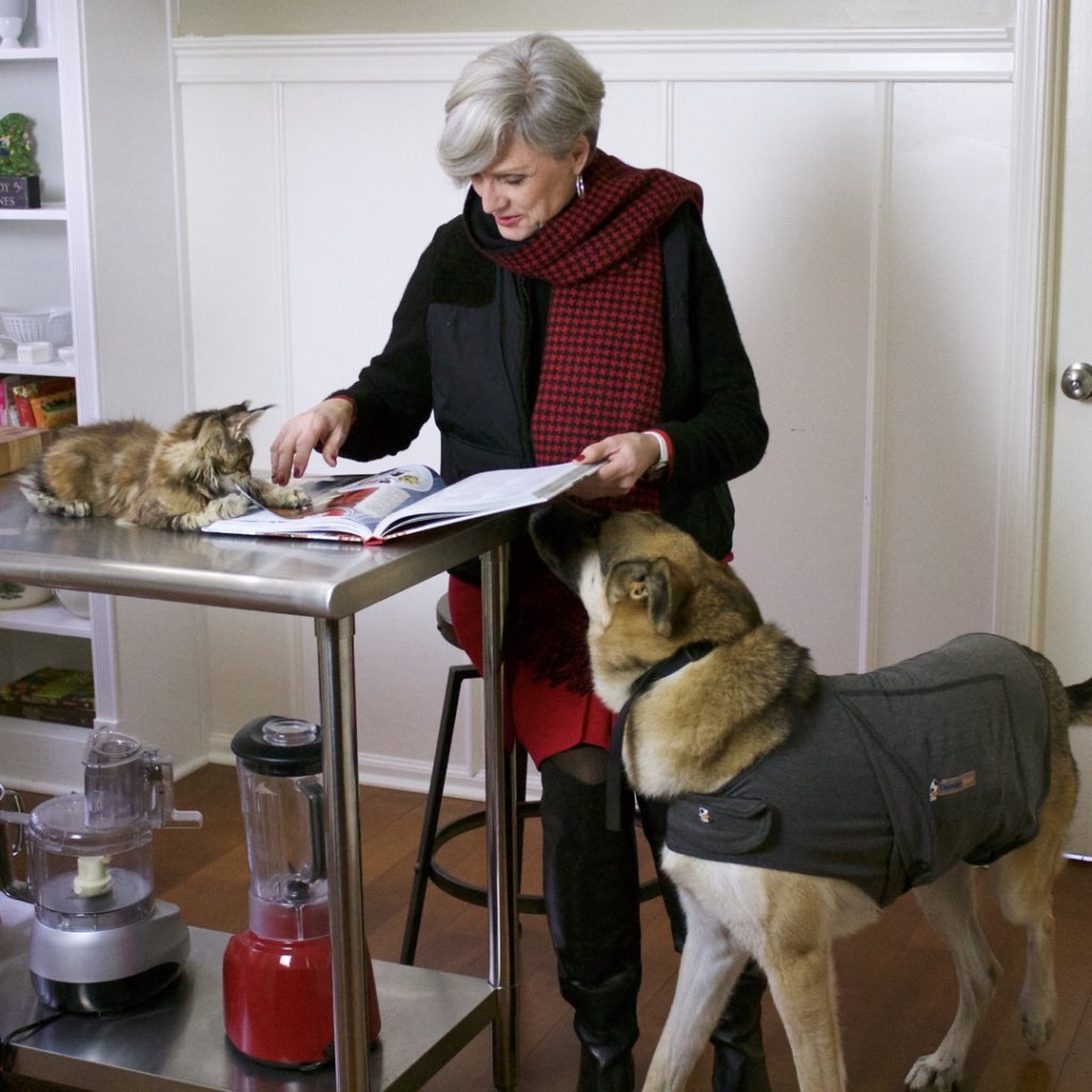 talbots red skirt, talbots cashmere crewneck, ralph lauren puffer vest, over the knee boots