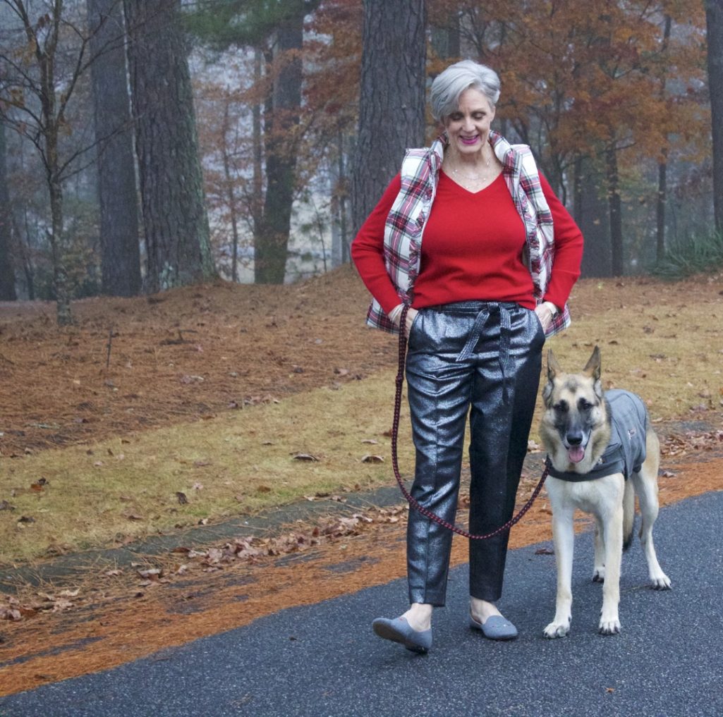 german shepherd, holiday outfit, plaid puffer vest