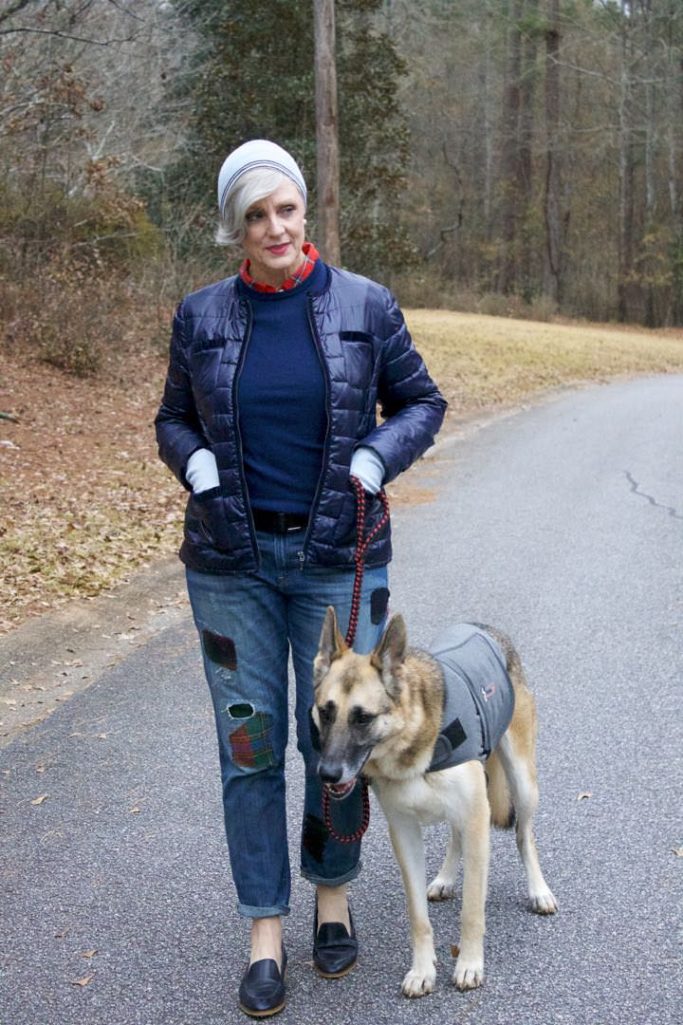 talbots puffer jacket, ralph lauren patchwork denim, j.crew plaid shirt, everlane loafers