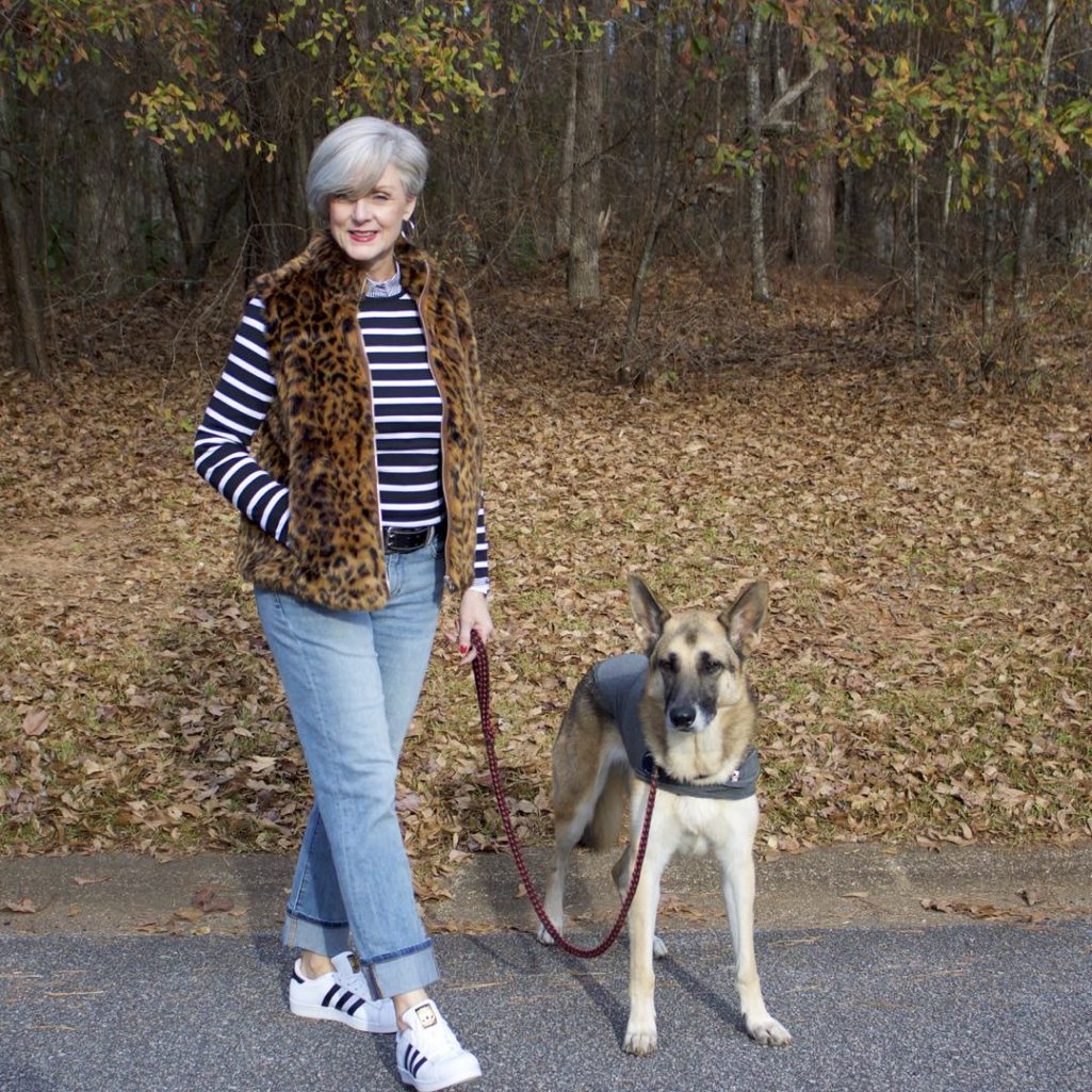 ralph lauren striped tee, j.crew striped shirt, banana republic denim, adidas sneakers, j.crew leopard vest